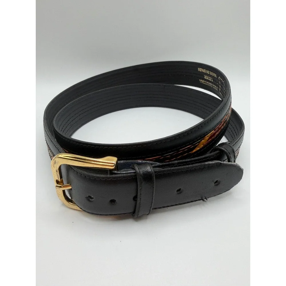 VTG Genuine Leather Belt Multi Color Braided Exotic Inlay Gold Buckle Western ML
